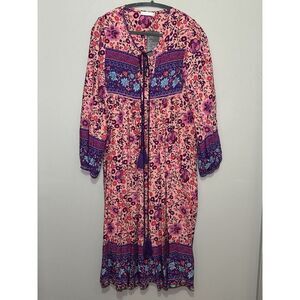 R. Vivimos Dress Pink Purple‎ Long Sleeve Boho Floral Midi Tassel Tie Sm 4/6 NWT